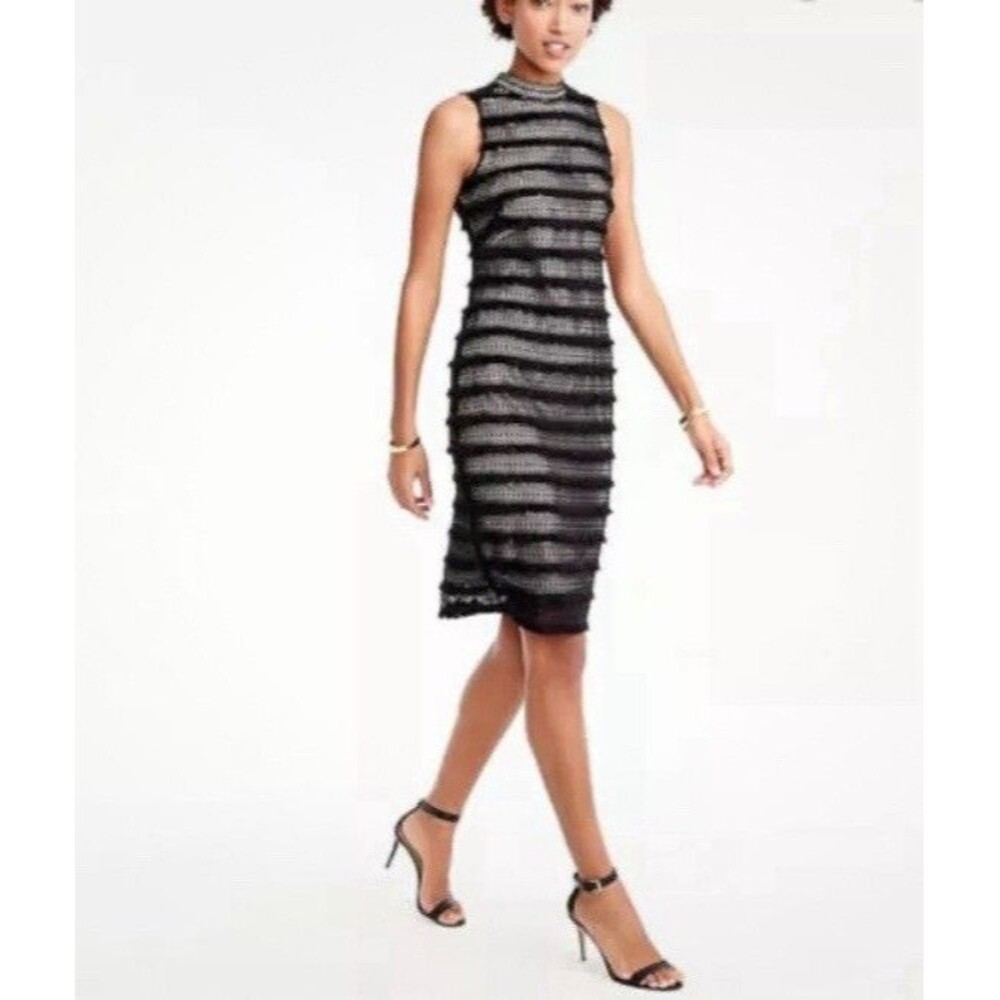 J. Crew Black Fringe Lace Sheath Dress Party Cocktail High Neck Size 4